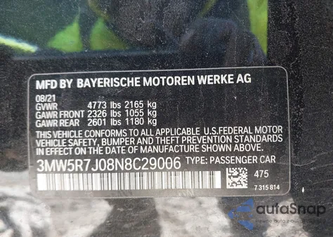 2022 BMW 330I xDrive z USA, uszkodzony, nr VIN 3MW5R7J08N8C29006
